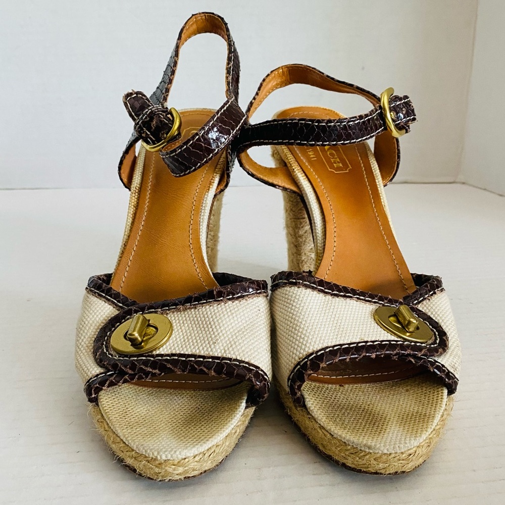 GUC Coach sz 7.5B Tan Brown Woven Espadrilles Peep Toe High Heels Shoes Sandals